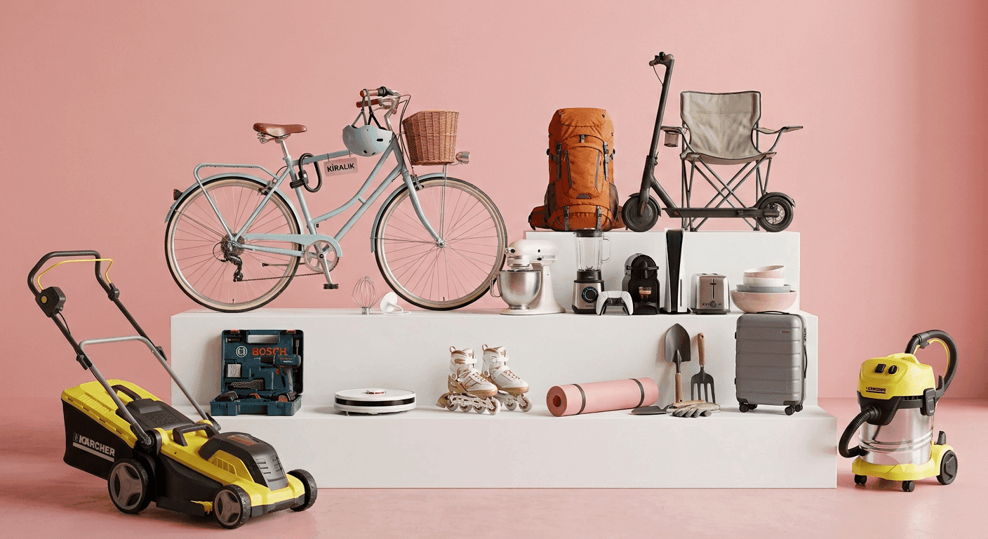 A selection of things you can rent on Kiraala: a bike, camping gear, a cleaning machine, a drone and more