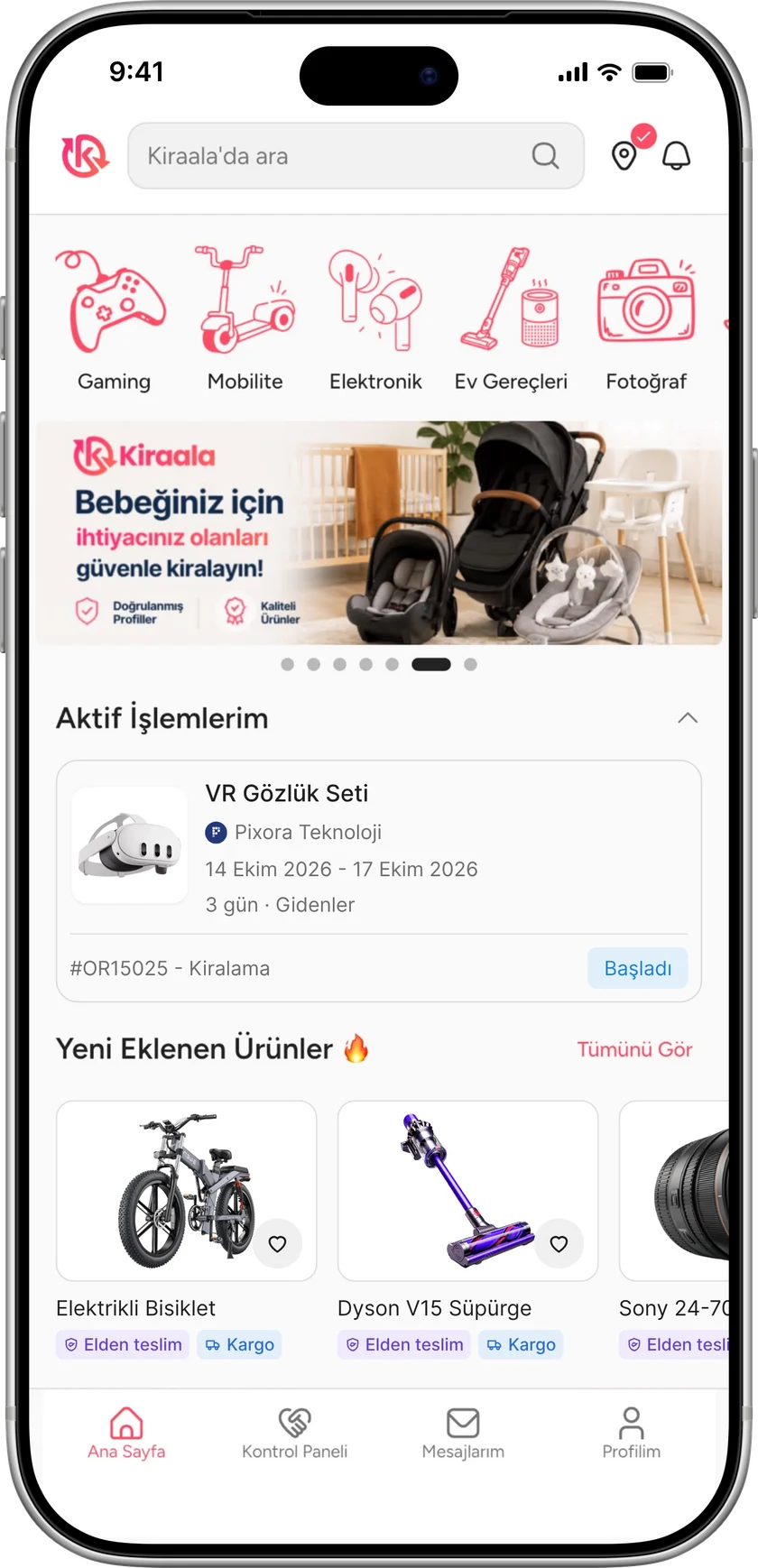 Kiraala uygulaması ana sayfası: yakınındaki kiralık ürünleri keşfet